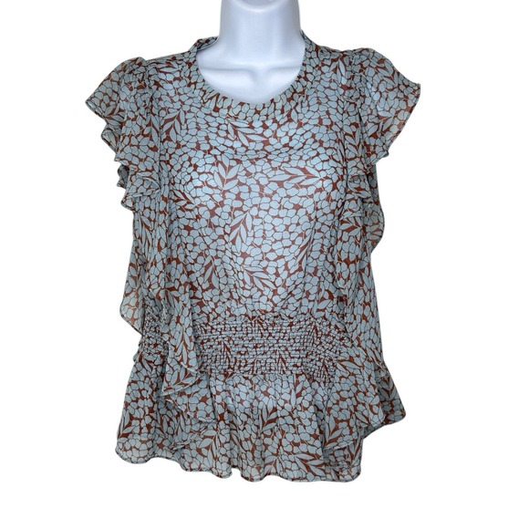 Anthropologie Feather Bone Blouse MEDIUM Ruffle Allegra Smocked Light Career - Picture 2 of 8